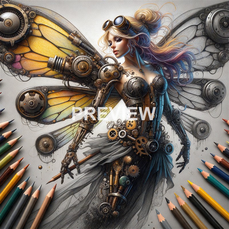 A highly detailed artwork of a humanoid figure with butterfly wings made of mechanical and electronic components, with colored pencils surrounding it.